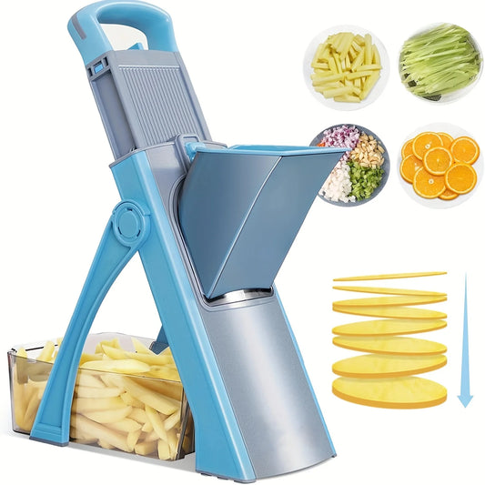 Blue and gray vegetable slicer with sliced vegetables displayed around it on a white background