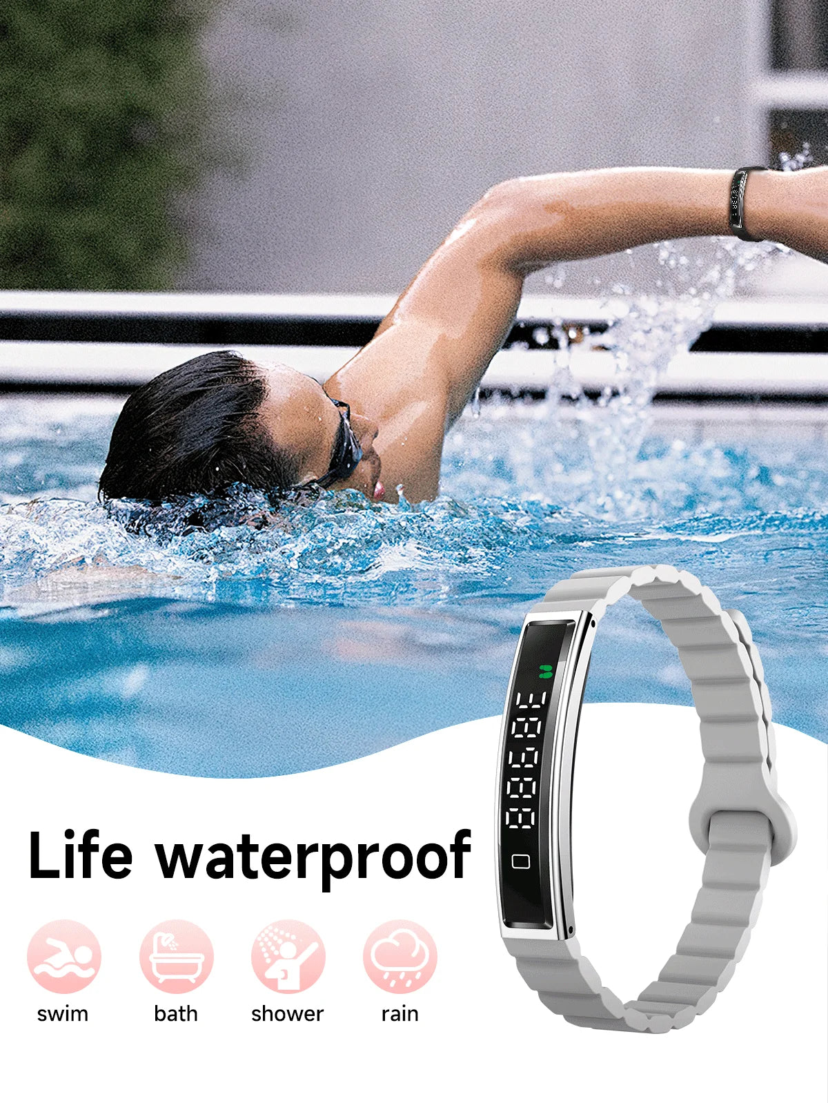 Smart fitness bracelet in gold and white, showing slim touchscreen and silicone/mesh straps.