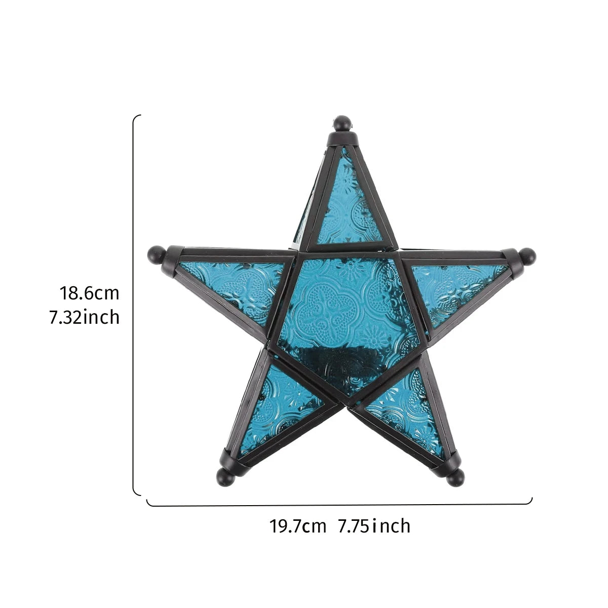 Dimensions for blue stained glass five-point star candle holder with a black metal frame and hanging chain, designed for decorative home lighting.