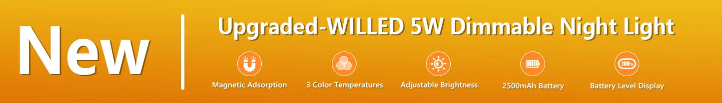 Advertisement for an upgraded WILLED 5W dimmable night light with features listed.