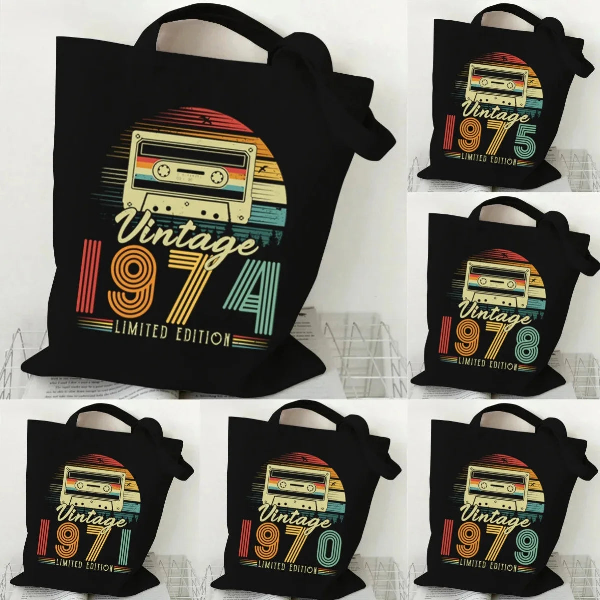 Vintage 1970s style canvas tote bag with retro graphic print