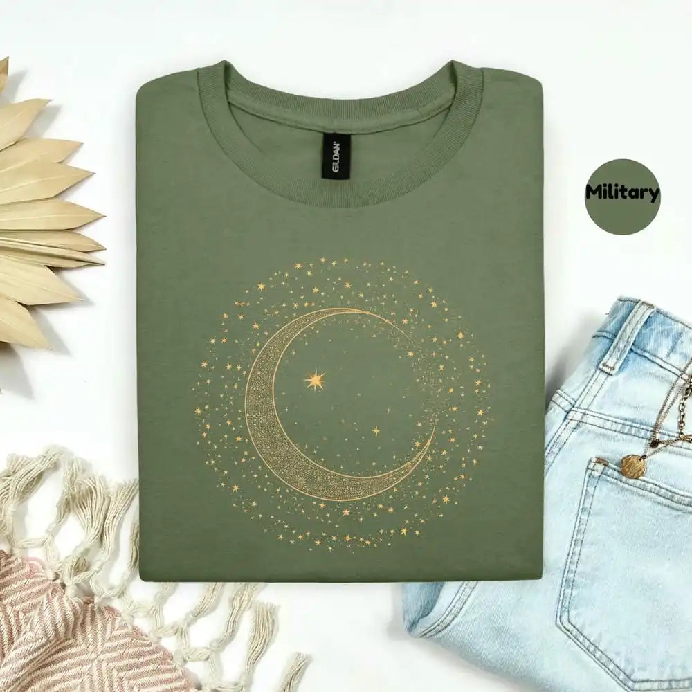 Green t-shirt with celestial design on a white background