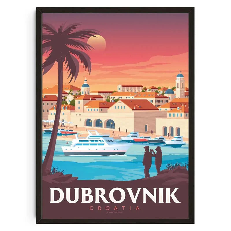 Poster of Dubrovnik, Croatia with a sunset over the city and sea.