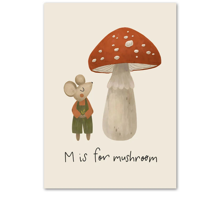 Illustration of a mouse under a mushroom with 'M is for mushroom' text on a beige background