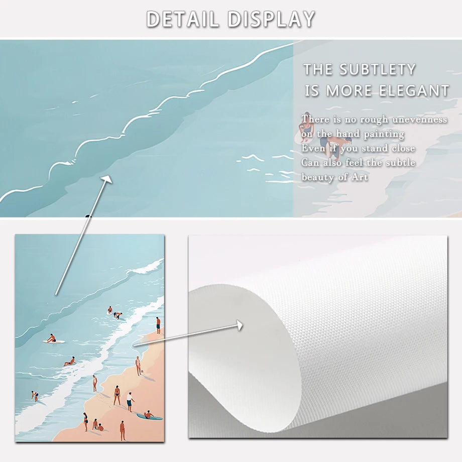 Product display with beach scene illustration and white card