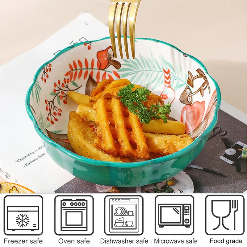 Decorative bowl with floral design containing food, placed on a surface with icons indicating safety features.