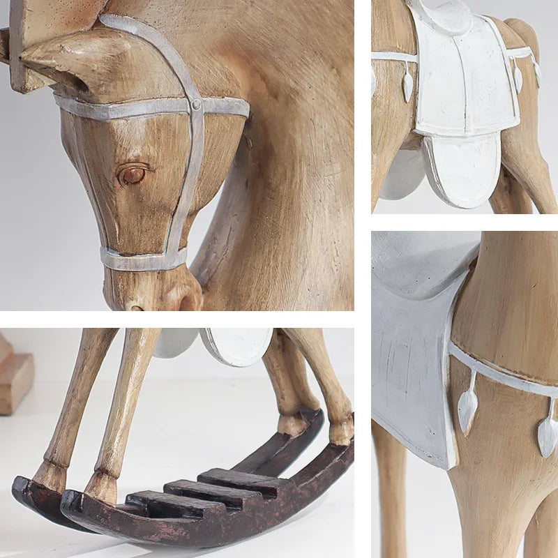 Wooden horse model with a white saddle and black shoes on a white background