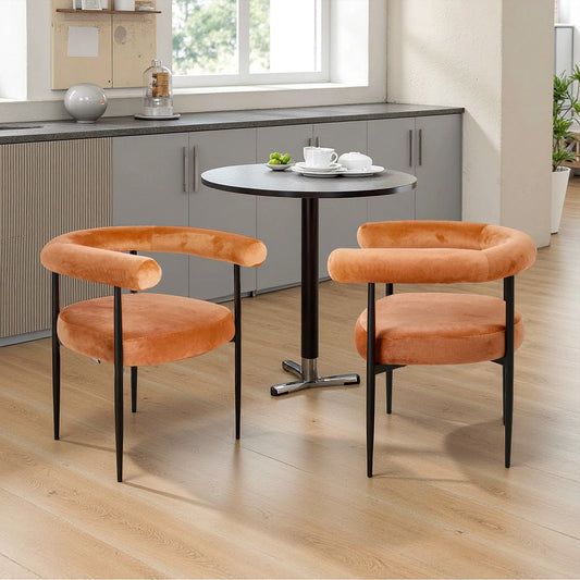 Modern Velvet Dining Chairs – Set of 2 Orange Upholstered Seats with Black Metal Legs, Contemporary Home & Dining Room Furniture