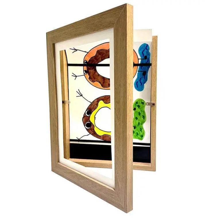 Wooden picture frame with colorful butterfly cutouts on a white background