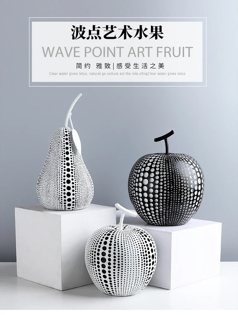 Decorative black and white fruits on a gray background with text overlay.