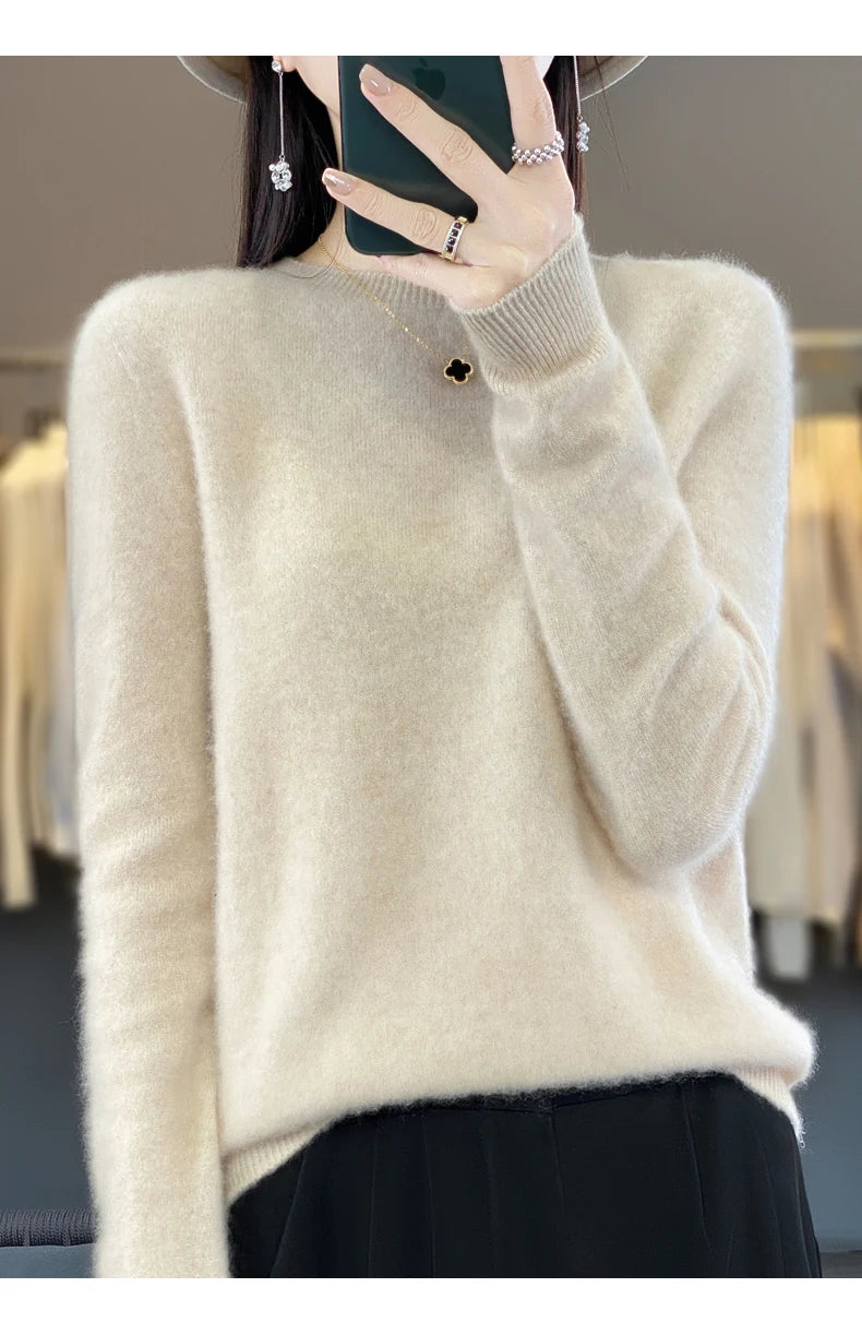 100% Merino Wool Women’s Sweater – Soft Cashmere-Feel O-Neck Pullover, Autumn/Winter Warm Knit Top (14 Colours)