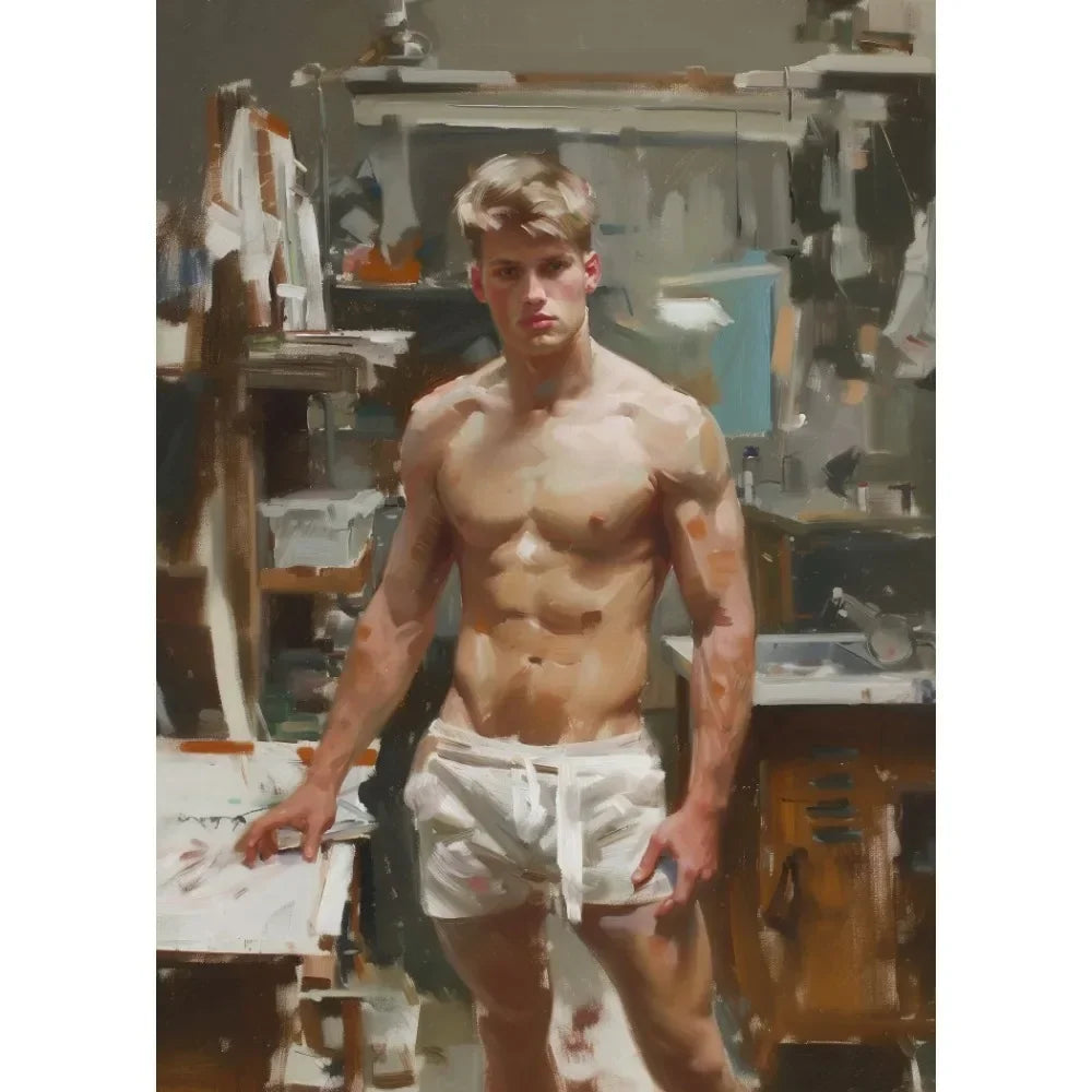 Man standing shirtless in a studio with art supplies around