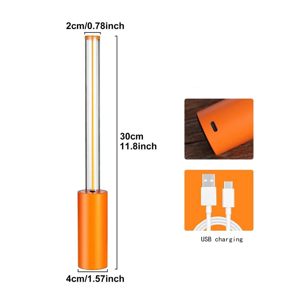 Measurement chart of an orange cylindrical object with dimensions and a USB charging icon.