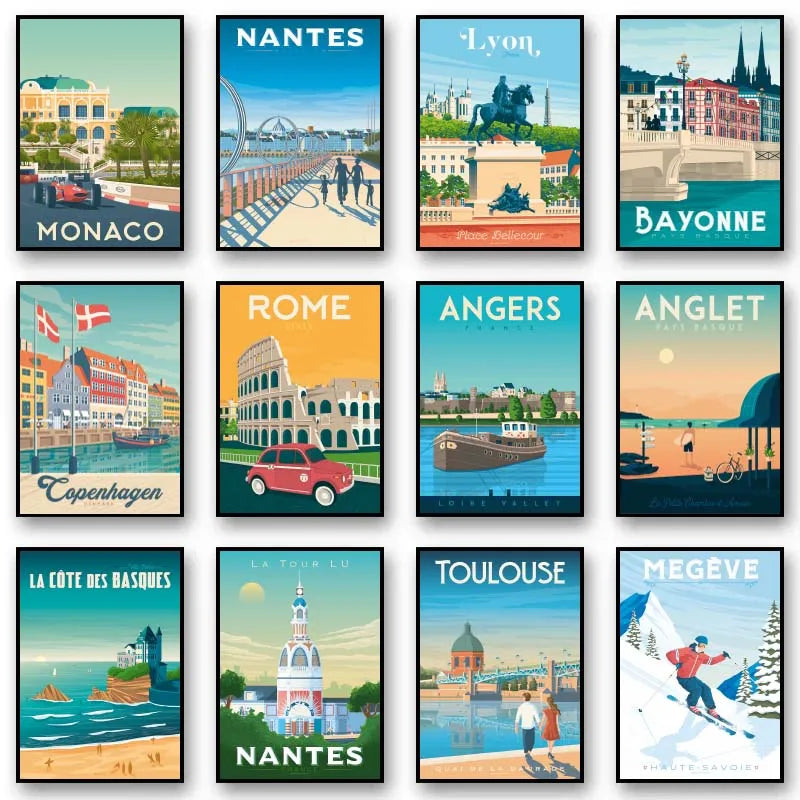 Collection of travel posters featuring various cities and landmarks.