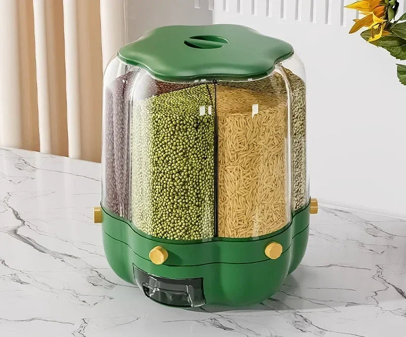 360° rotating cereal and grain dispenser with multiple compartments