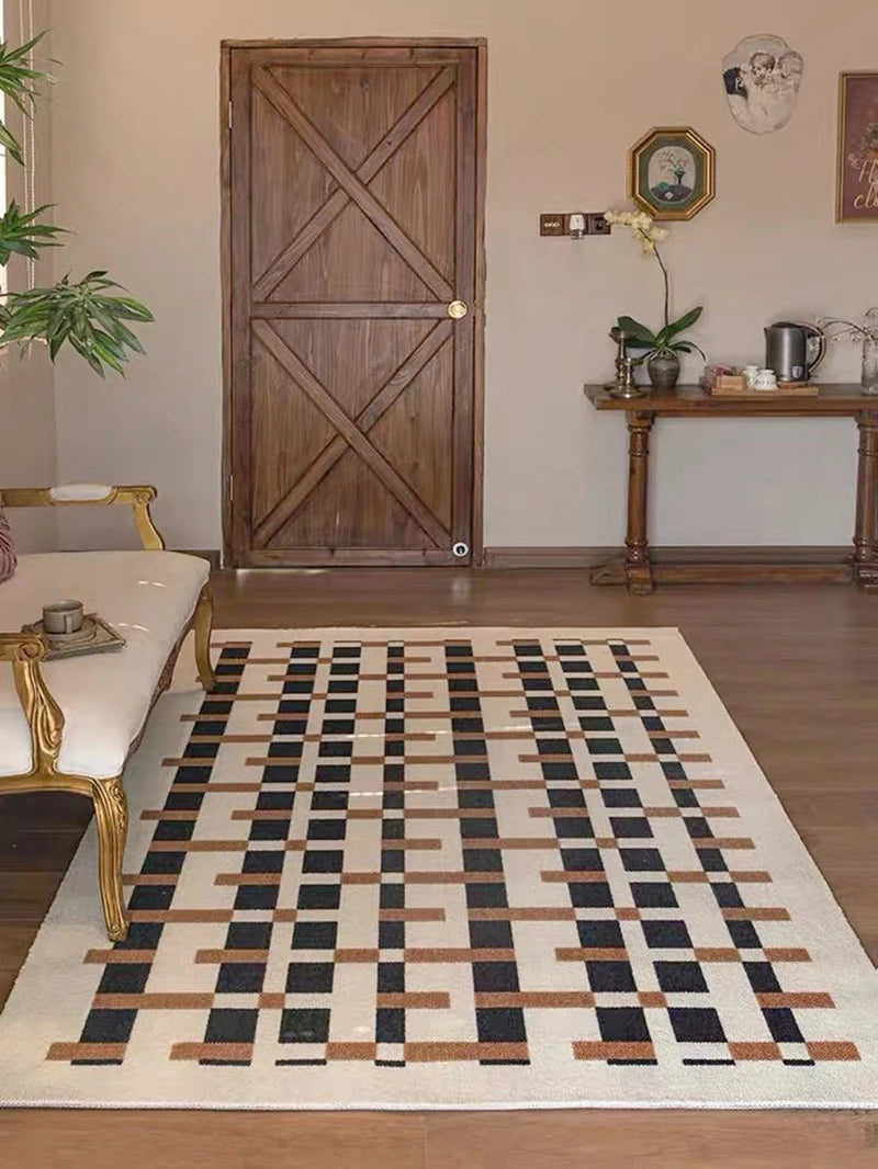 Living room with a geometric patterned rug, wooden door, and decorative items.