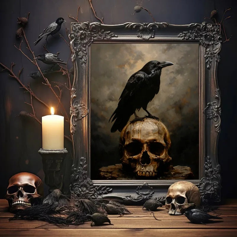Decorative setup with a framed painting of a raven on a skull, candles, and skulls on a dark background.