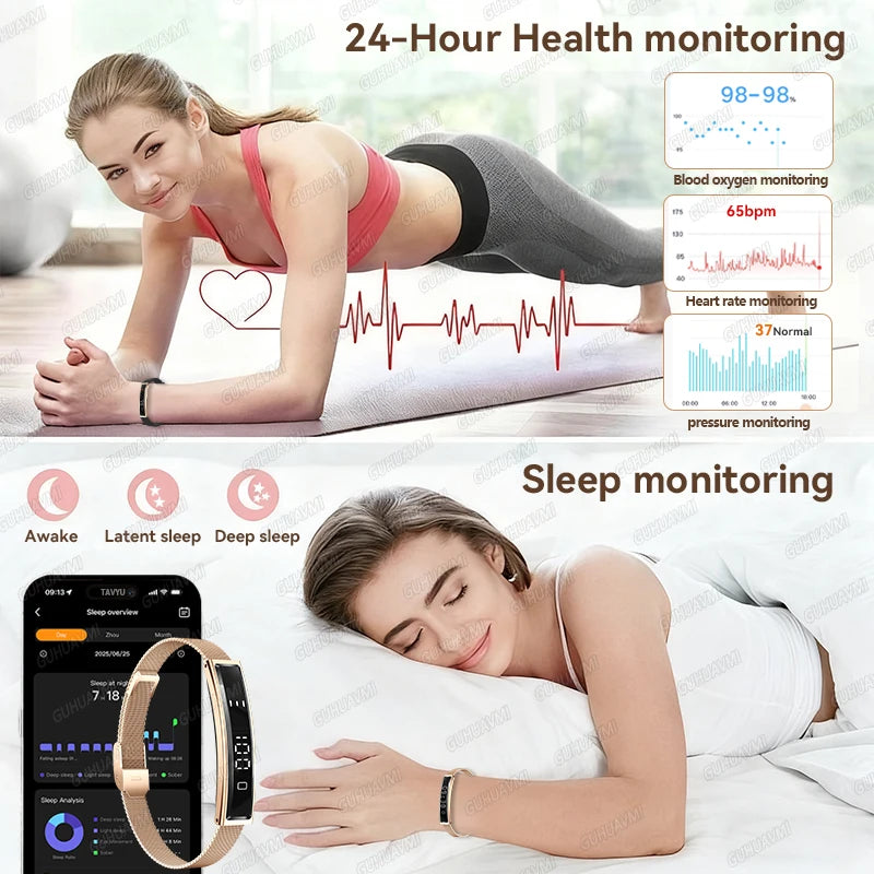 Smart fitness bracelet in gold and white, showing slim touchscreen and silicone/mesh straps.