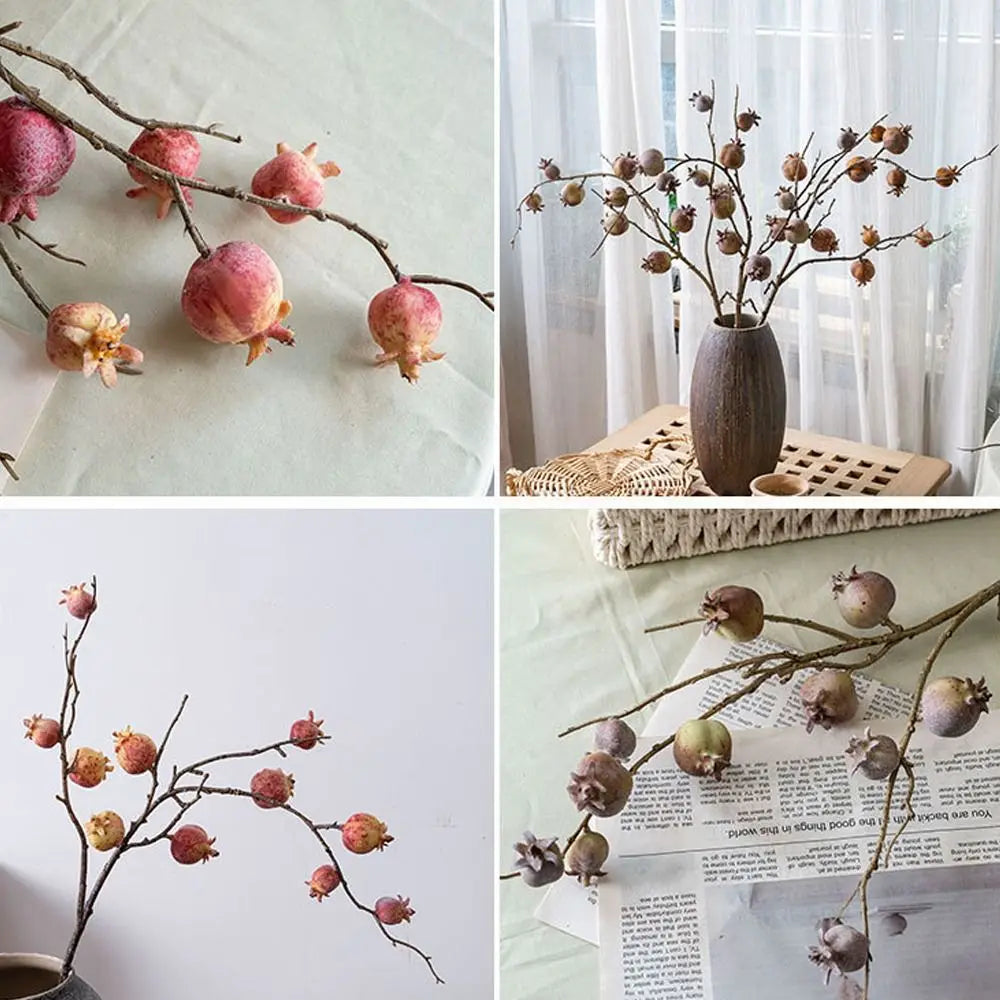 Collage of dried branches with pink buds on a marble surface, against a white curtain, and on a newspaper.