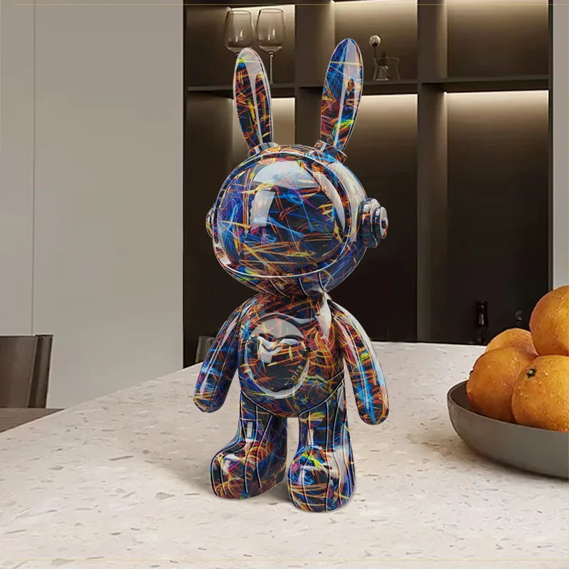 Colorful abstract rabbit sculpture on a table with a modern interior background
