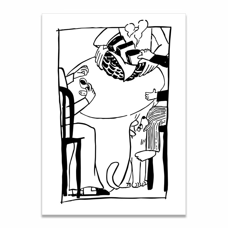 A black and white minimalist line art print depicting a humorous, slightly chaotic domestic scene with a cat and a dog, shown as a vertical poster on a white background.