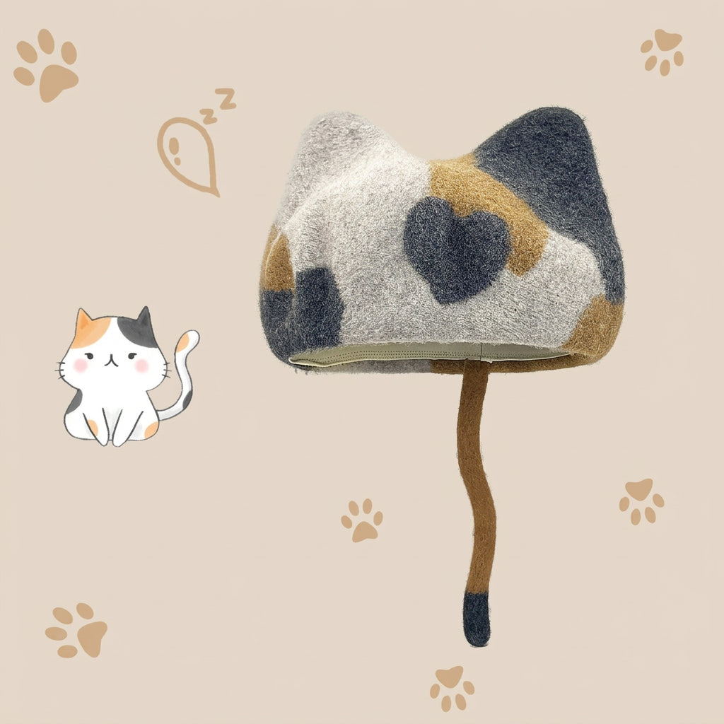A wool cat-ear hat with a long tail, shown on a beige background with paw prints and a small cat illustration. The hat has a calico pattern with white, black, and tan patches.