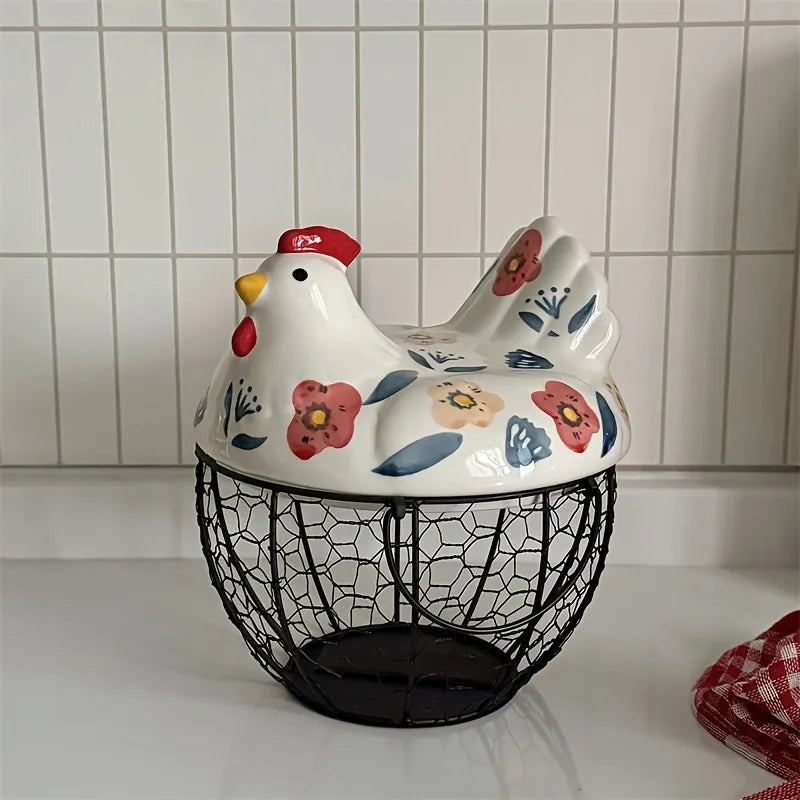 Decorative chicken-shaped container with floral patterns on a white tiled wall background