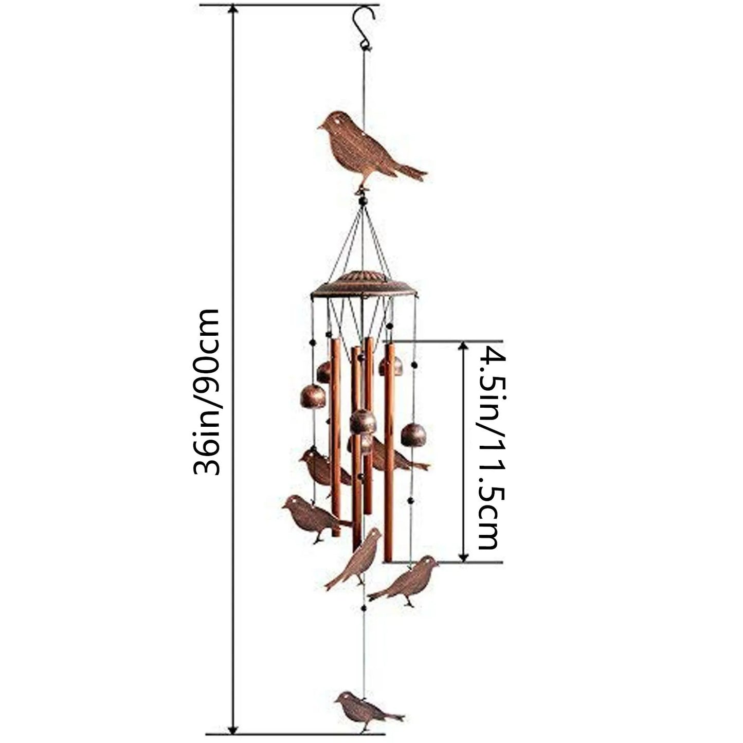 Decorative wind chime with bird designs and measurements on a white background
