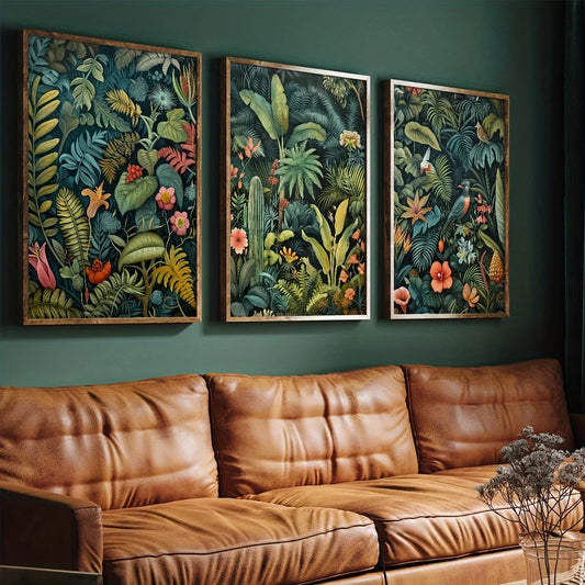 Set of three vintage botanical canvas prints featuring tropical plants, exotic flowers and lush green foliage displayed as a gallery wall.