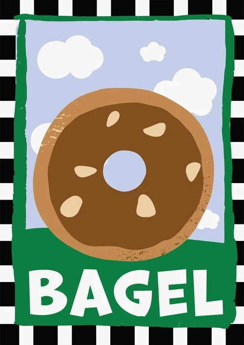 Cartoon bagel with chocolate icing and sesame seeds poster on a blue background with clouds, framed by green borders and black and white striped border.