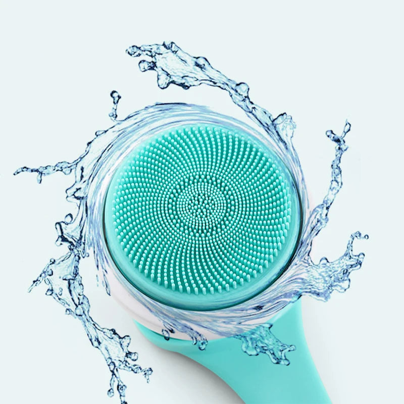Turquoise facial cleansing brush with water splashes on a light blue background