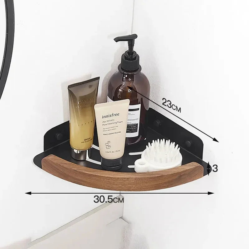 Corner shower shelf with toiletries and dimensions labeled