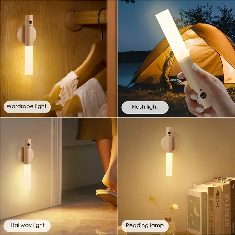 Rechargeable motion sensor LED night light used as wardrobe light, flashlight, hallway light, and reading lamp in warm ambient tone. 