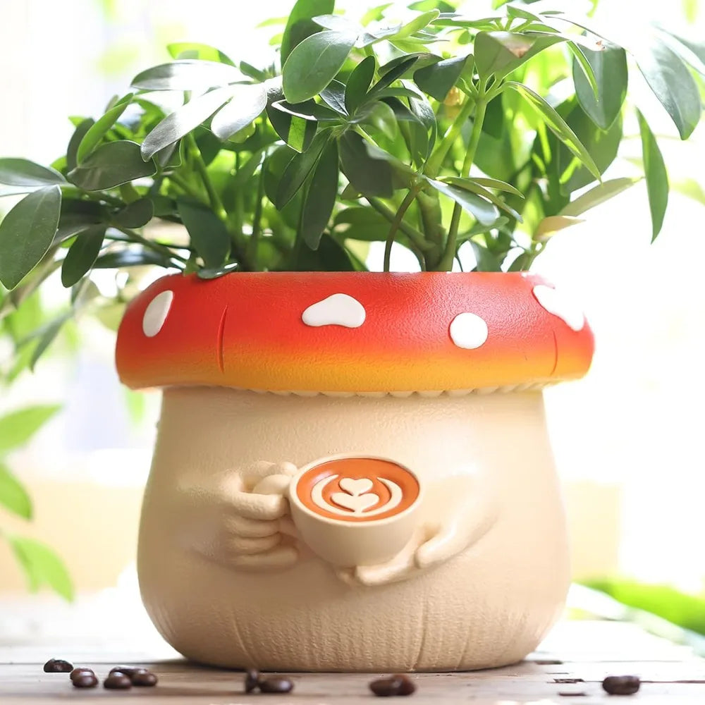 Cute mushroom ceramic plant pot with small plant, decorative indoor succulent planter with cosy design