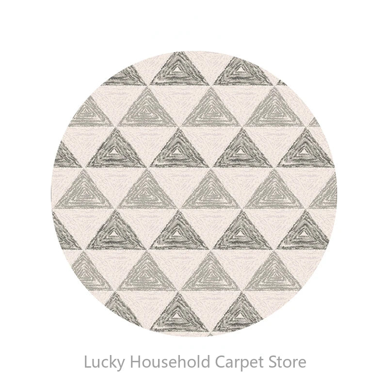 Round rug with triangle pattern on a white background, branded 'Lucky Household Carpet Store'.