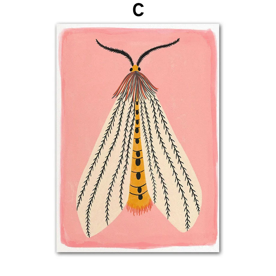 Illustration of a moth on a pink background with the letter 'C' above it.