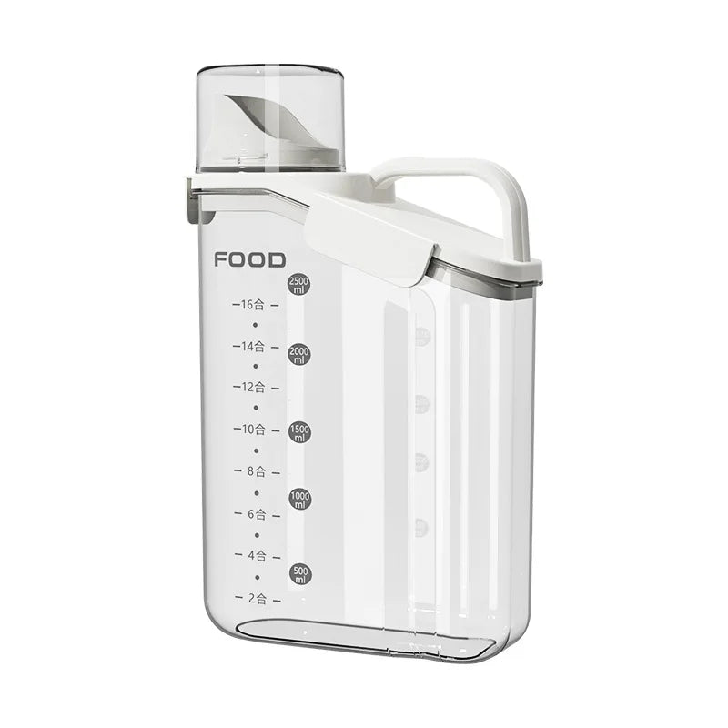 Clear kitchen container with measurement markings on a white background