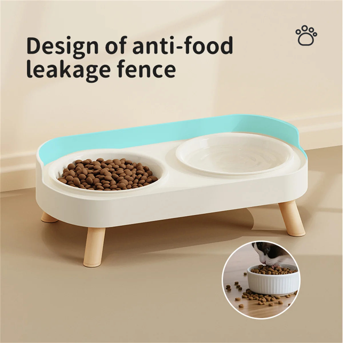 Pet feeding station with anti-food leakage design on a beige background