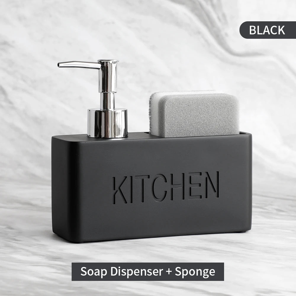 Black kitchen soap dispenser with sponge holder on a white background