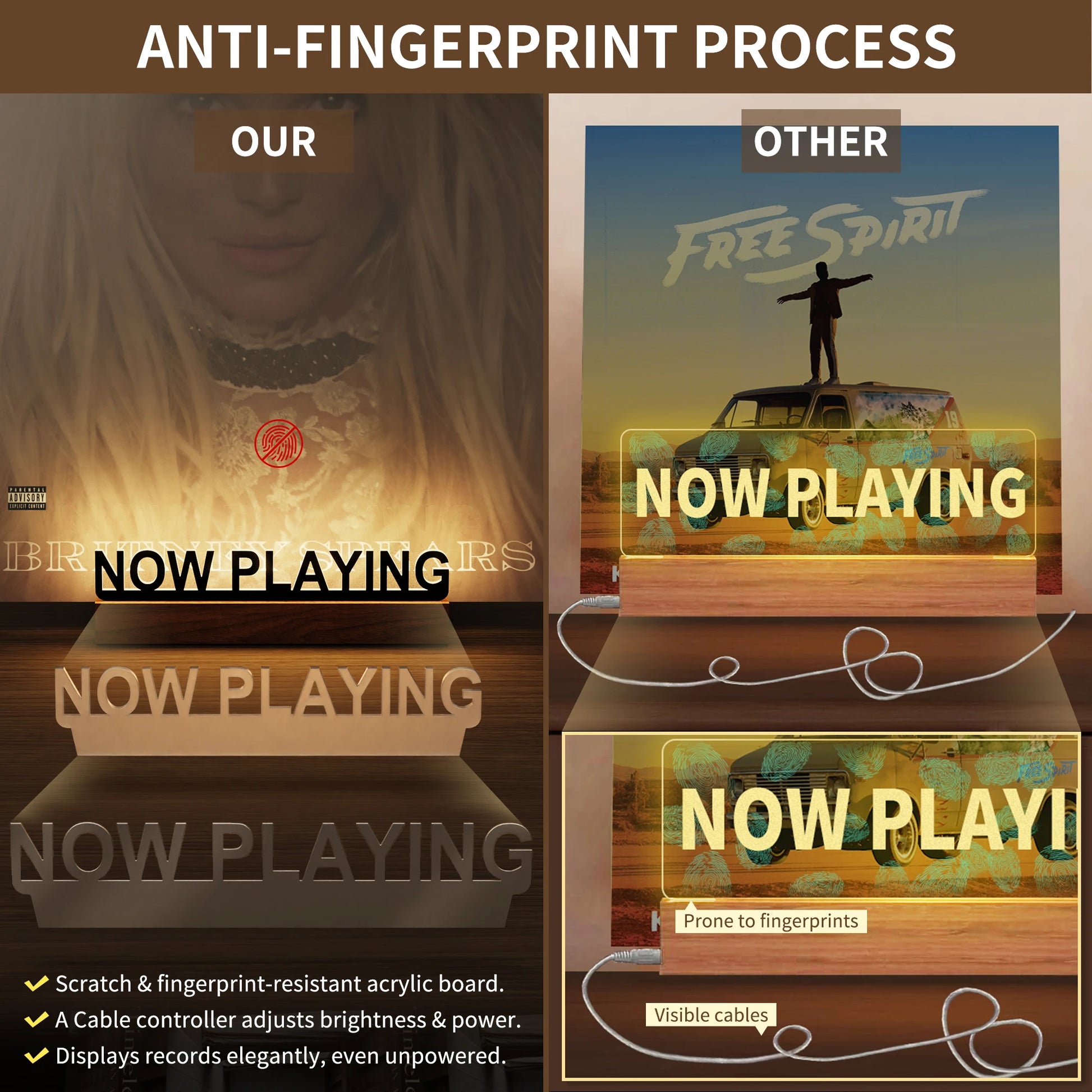 Comparison of 'NOW PLAYING' signs with and without an anti-fingerprint process.