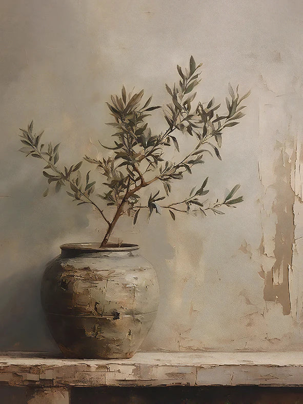 Potted plant on a rustic wooden surface with a textured wall background