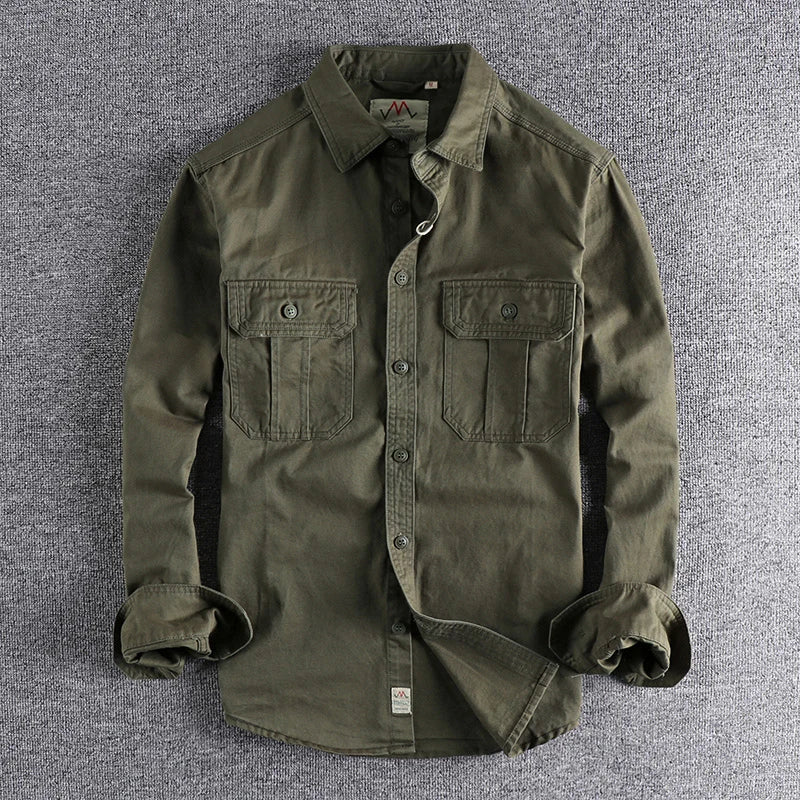 Men’s long-sleeve cotton casual overshirt with double chest pockets in army green.