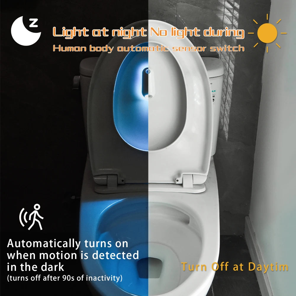 Toilet with night light feature, showing blue light in dark and white light during daytime.