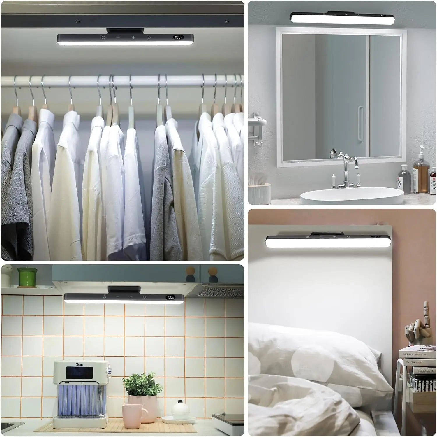 Collage of LED light fixtures in various settings including a closet, bathroom, kitchen, and bedroom.