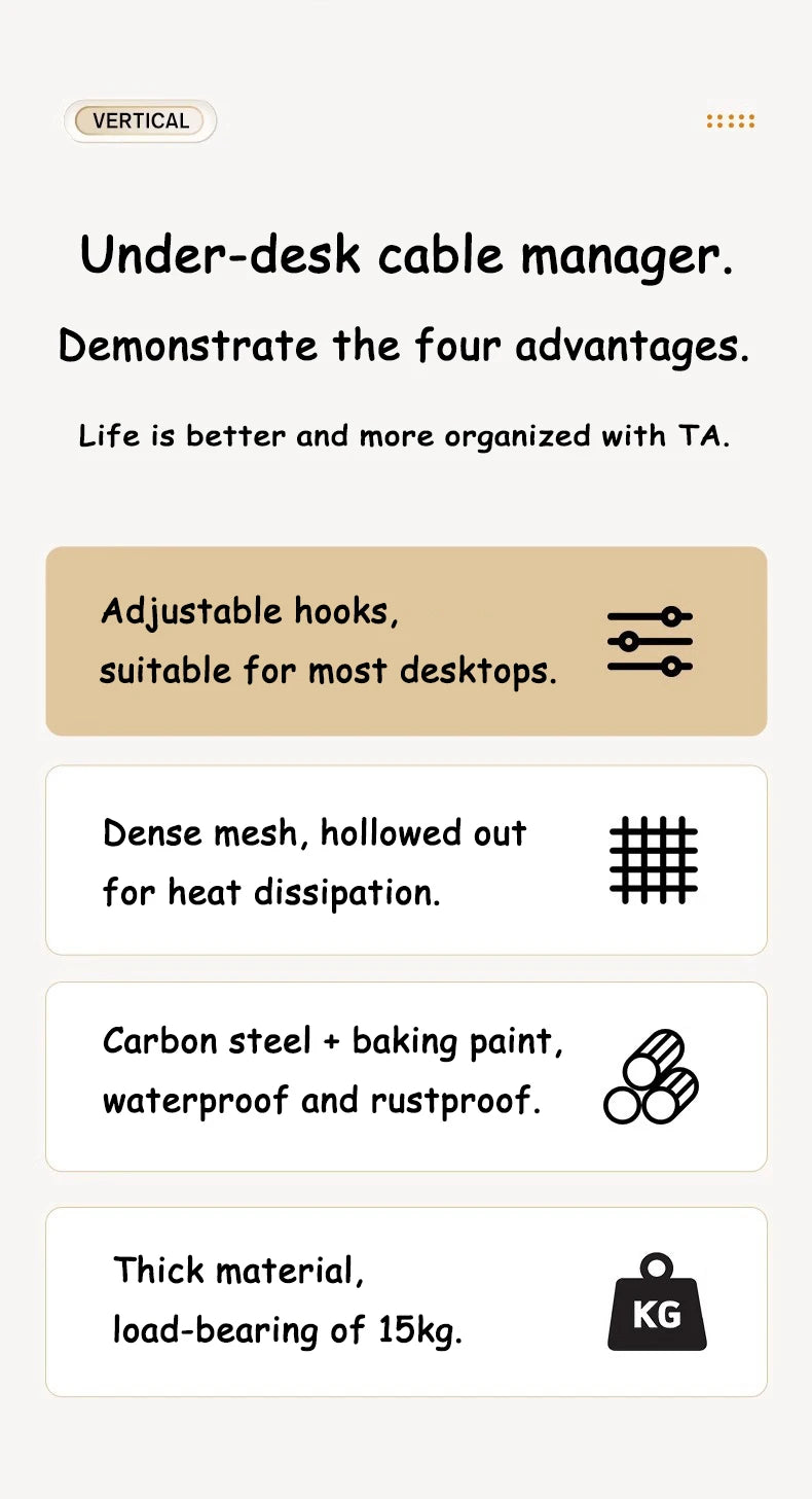 Under-desk cable manager with features and benefits on a white background