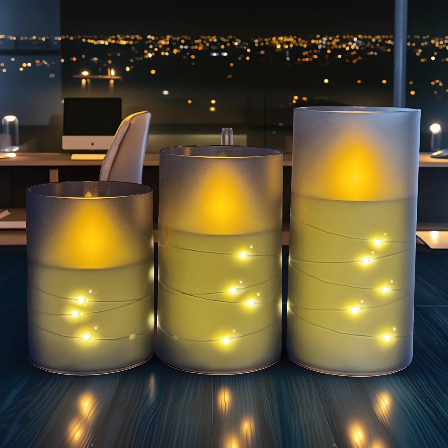 Decorative cylindrical lights with glowing interior in a modern office setting.