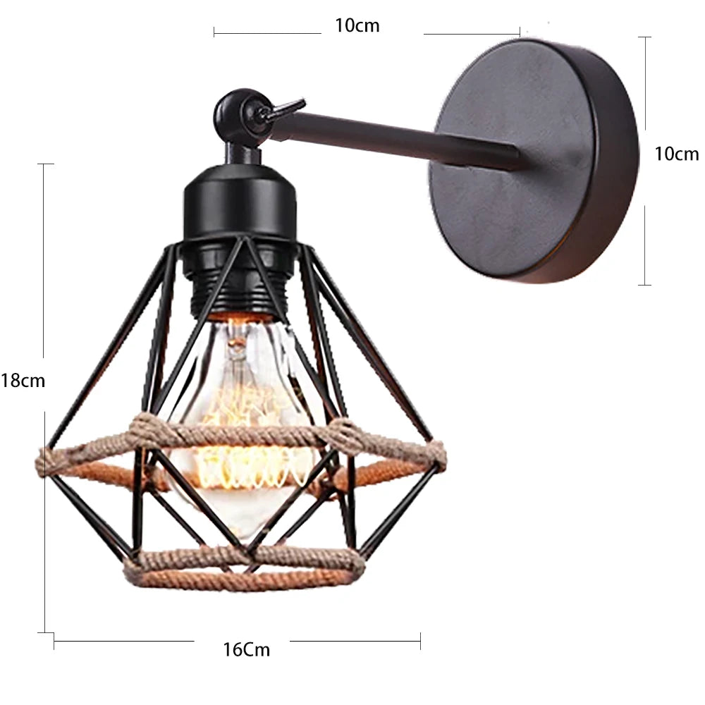 Industrial-style wall lamp with dimensions on a white background
