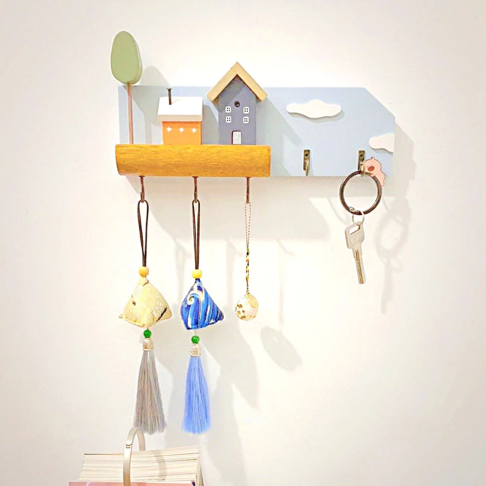 Cute Wooden House Key Hook Shelf – Decorative Wall Storage