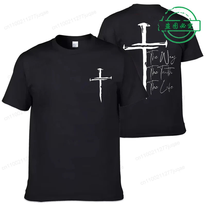 Black t-shirt with white cross design and text on front and back