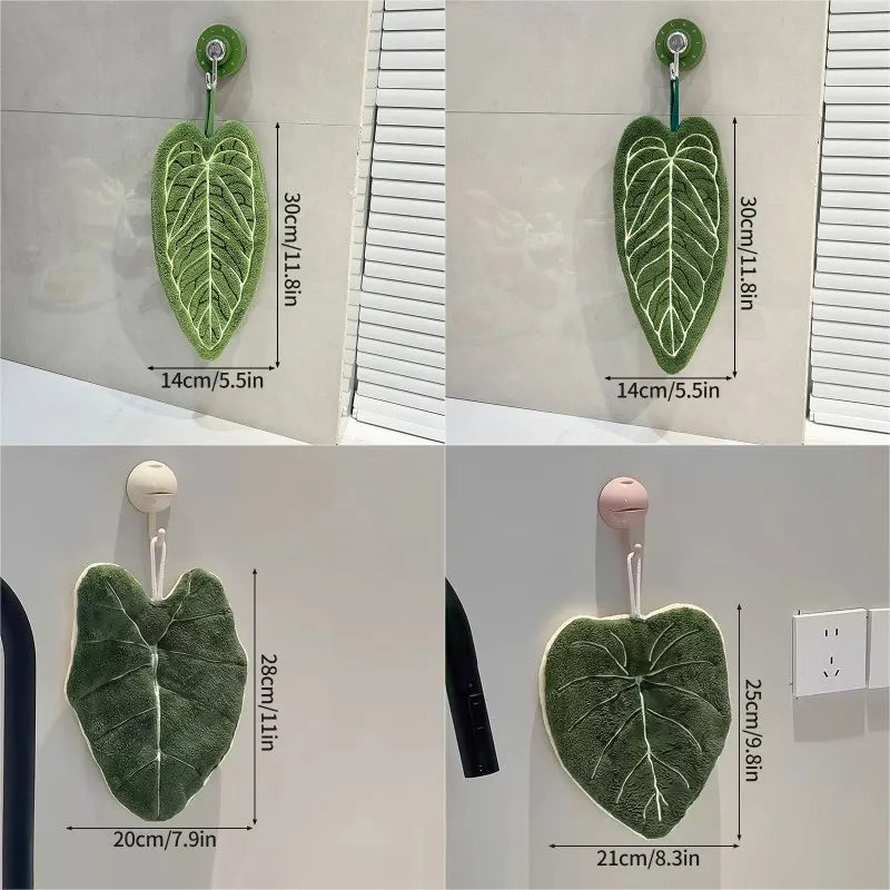 Leaf-shaped green plush toys with measurements on a white background